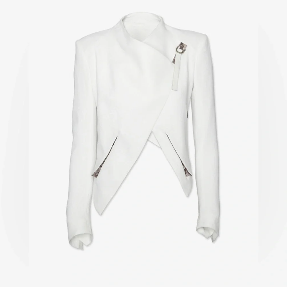 HELMUT LANG white lambskin leather trim asymmetric biker jacket, size 2